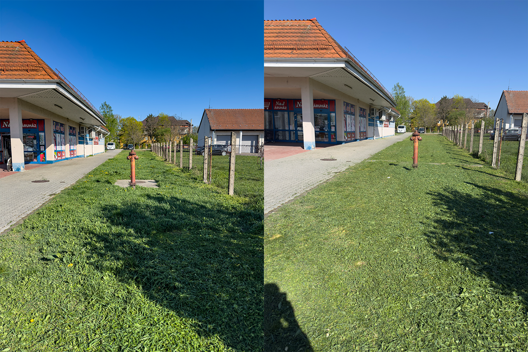 fűnyírás előtte-utána – bolt előtti terület kaszálás | Tiszta Zóna