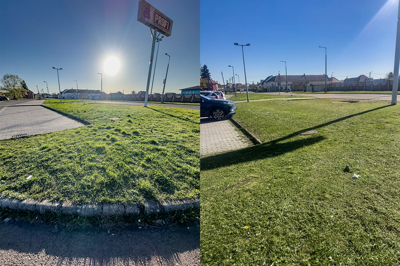 fűnyírás előtte-utána – közterület, parkoló melletti sáv | Tiszta Zóna